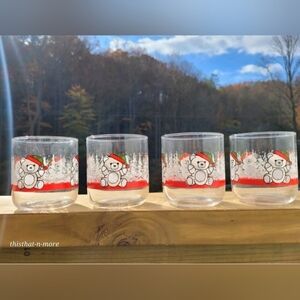Vintage Libbey Christmas Holiday Glasses~ Bear In Santa Hat~Set Of 4~Juice,Punch